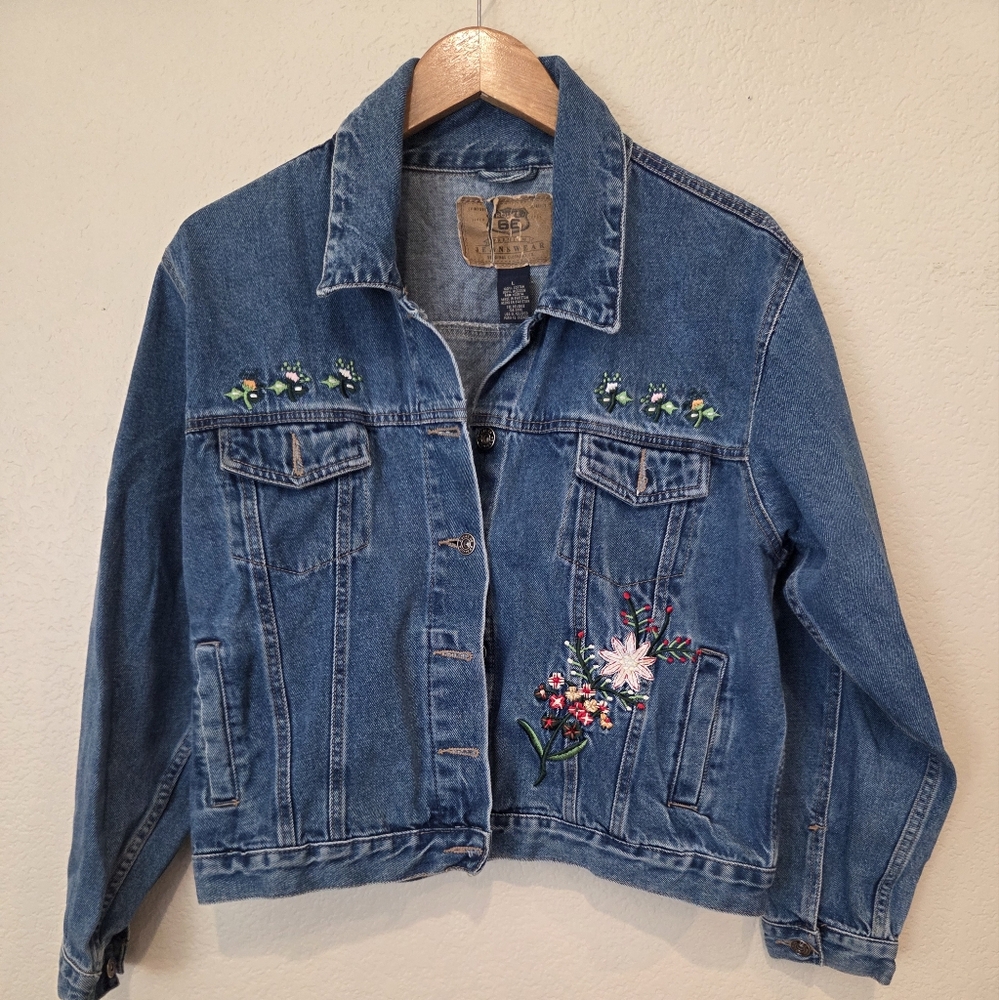 Route 66 Blue Jean Jacket with Floral Embellishments